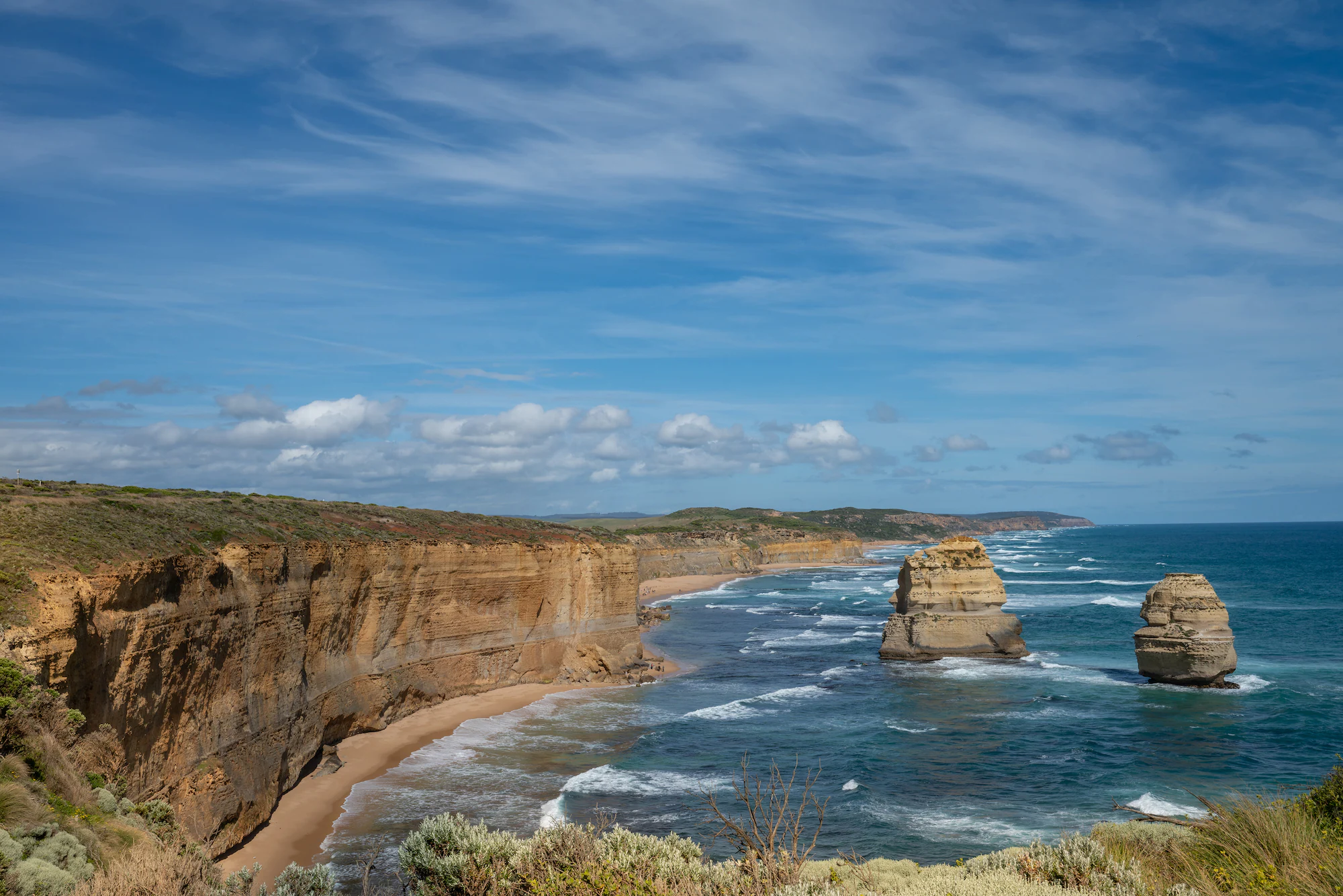 Blue skies with creek eyeline at the Twelve Apostles