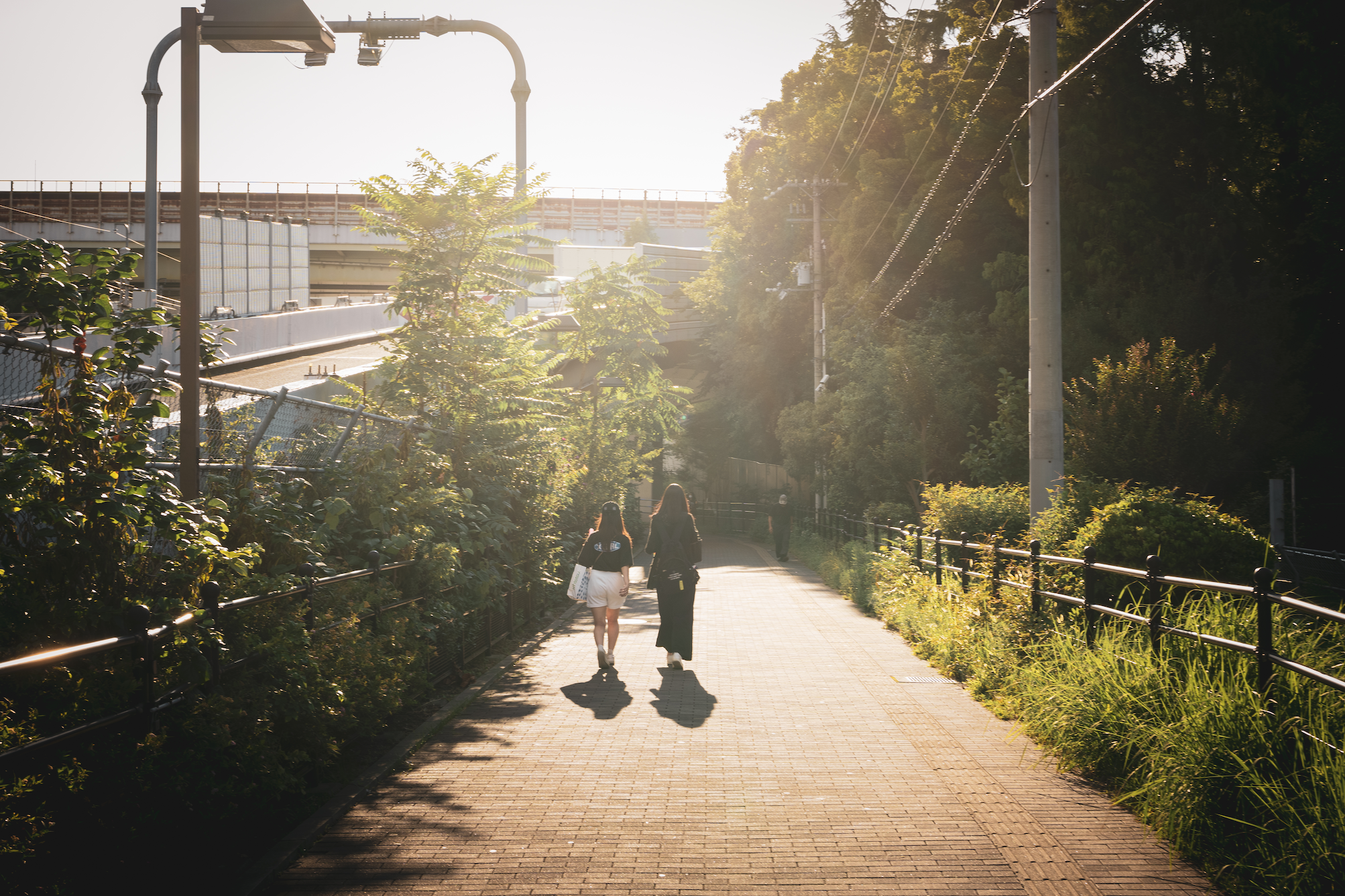 Two girls walking on a pathway with greenery along its side near Tennoji