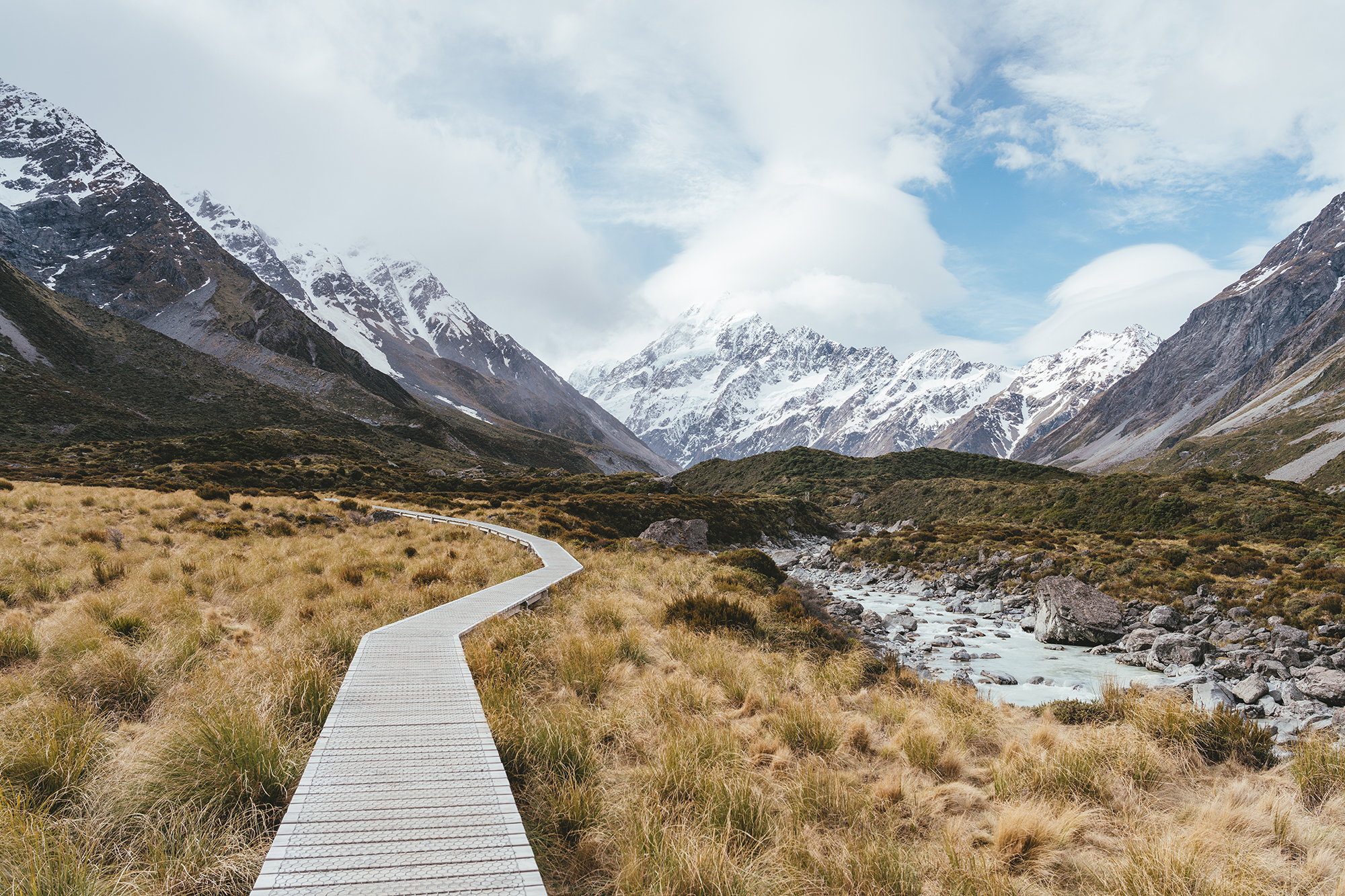 Wooden walk path surrounded by mountains